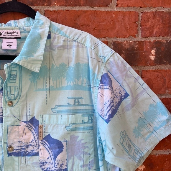 Columbia Mens XL Blue Swordfish Boat Fishing Short Sleeve Button Down Shirt - Picture 3 of 9